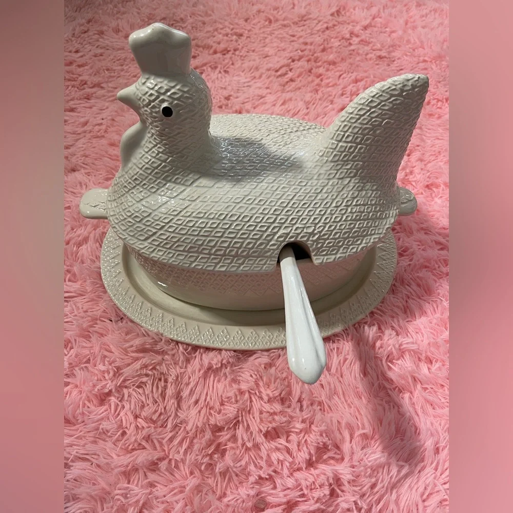 Whittier Pottery Chicken Large Soup Serving Tureen Platter Ladle Vintage Rare